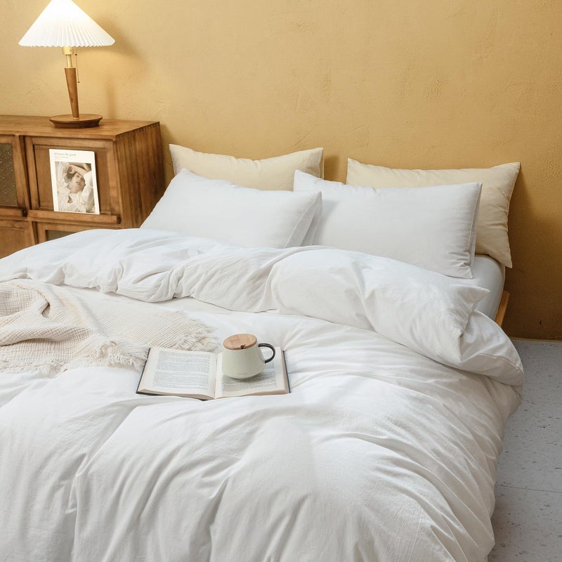 FOSSA White Duvet Cover Set, 100% Washed Cotton Linen Feel Super Soft Breathable Cozy 3 Pieces Bedding Sets Solid Off White Queen - Image 2